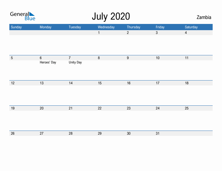 Fillable July 2020 Calendar