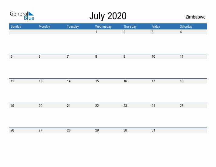 Fillable July 2020 Calendar