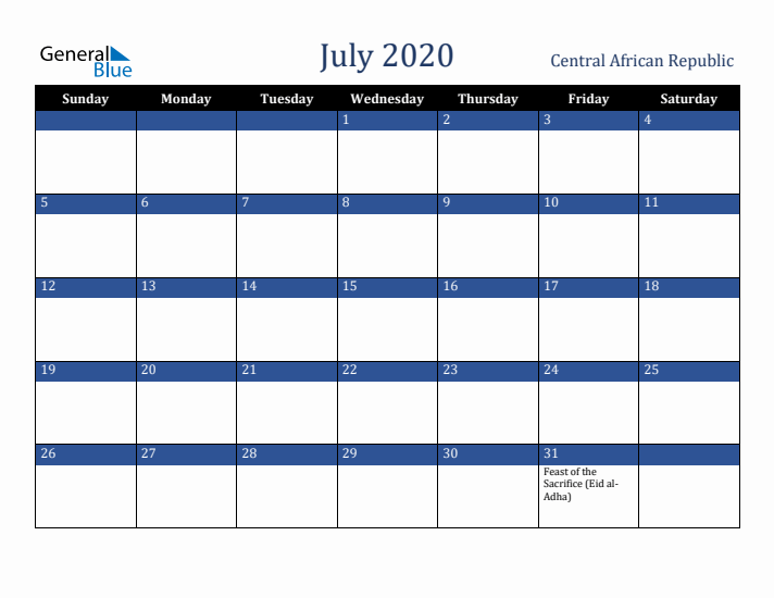 July 2020 Central African Republic Calendar (Sunday Start)