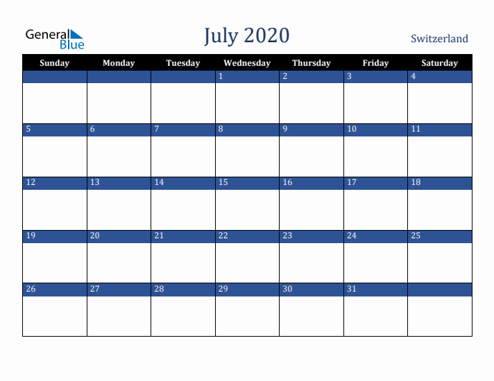 July 2020 Switzerland Calendar (Sunday Start)