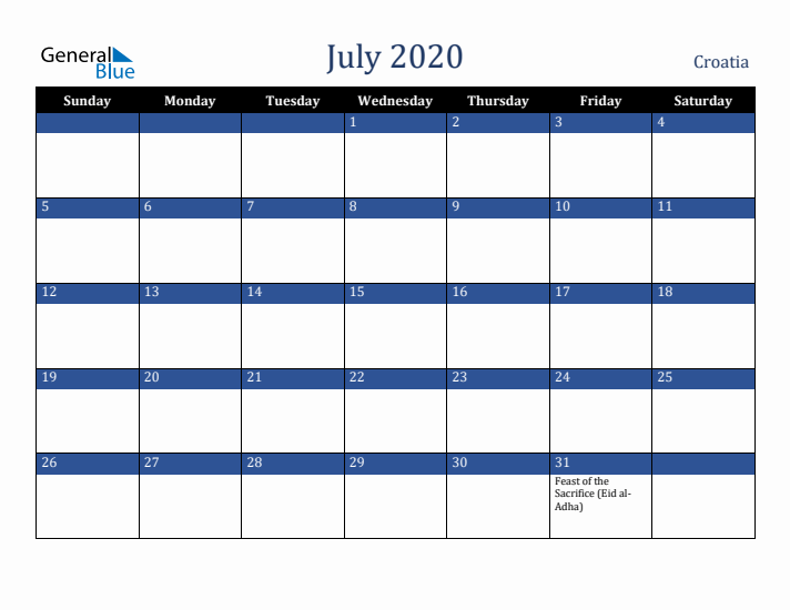 July 2020 Croatia Calendar (Sunday Start)