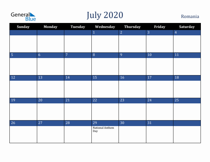 July 2020 Romania Calendar (Sunday Start)