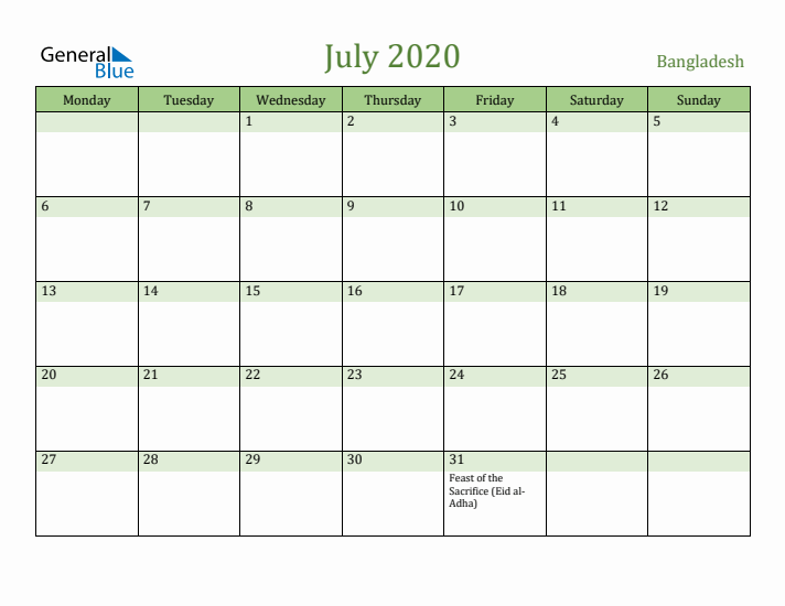 July 2020 Calendar with Bangladesh Holidays