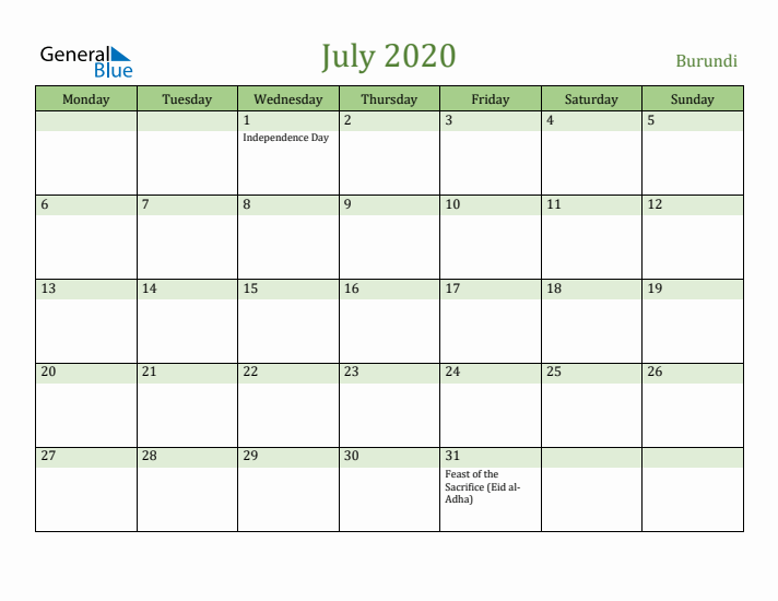 July 2020 Calendar with Burundi Holidays