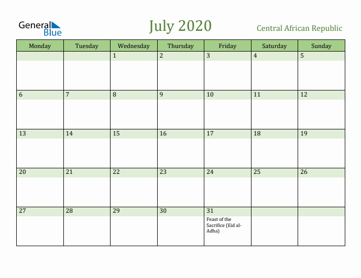 July 2020 Calendar with Central African Republic Holidays