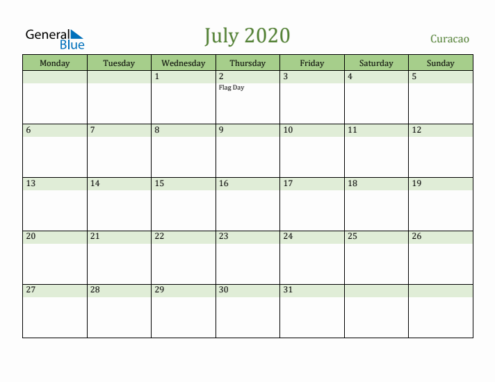 July 2020 Calendar with Curacao Holidays