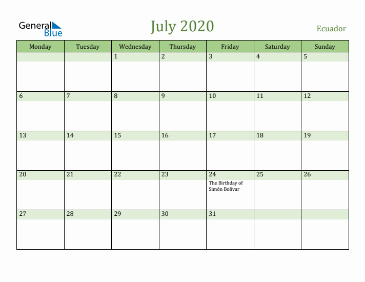 July 2020 Calendar with Ecuador Holidays