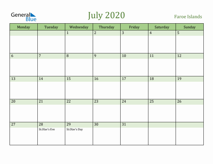 July 2020 Calendar with Faroe Islands Holidays