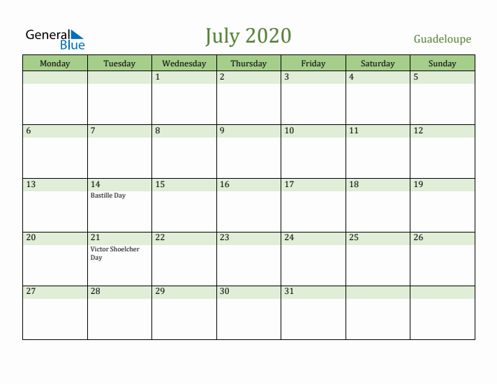 July 2020 Calendar with Guadeloupe Holidays