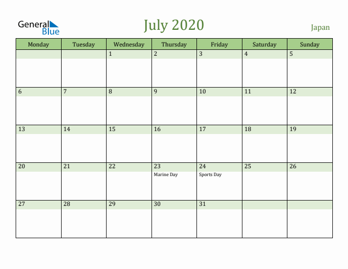 July 2020 Calendar with Japan Holidays