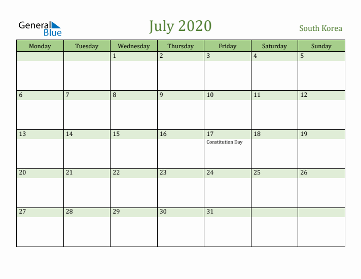 July 2020 Calendar with South Korea Holidays