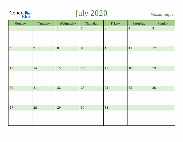 July 2020 Calendar with Mozambique Holidays