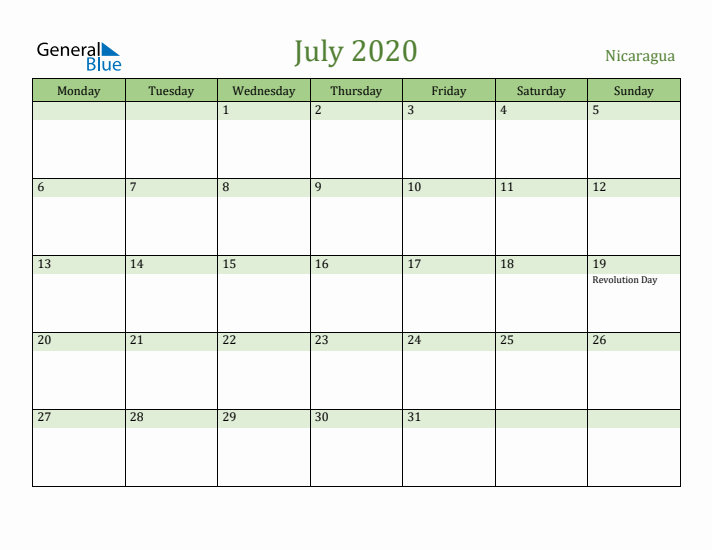 July 2020 Calendar with Nicaragua Holidays