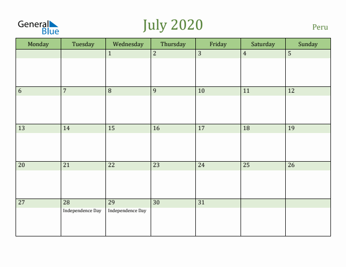 July 2020 Calendar with Peru Holidays