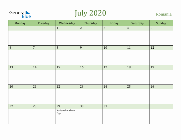 July 2020 Calendar with Romania Holidays