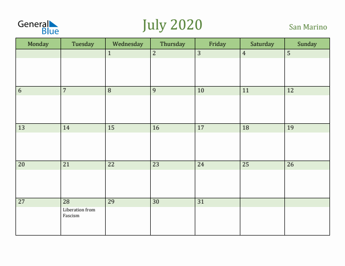 July 2020 Calendar with San Marino Holidays