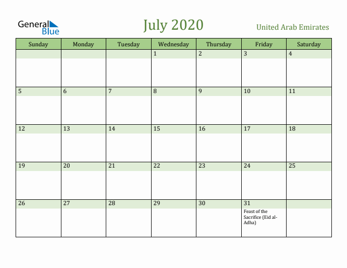 July 2020 Calendar with United Arab Emirates Holidays