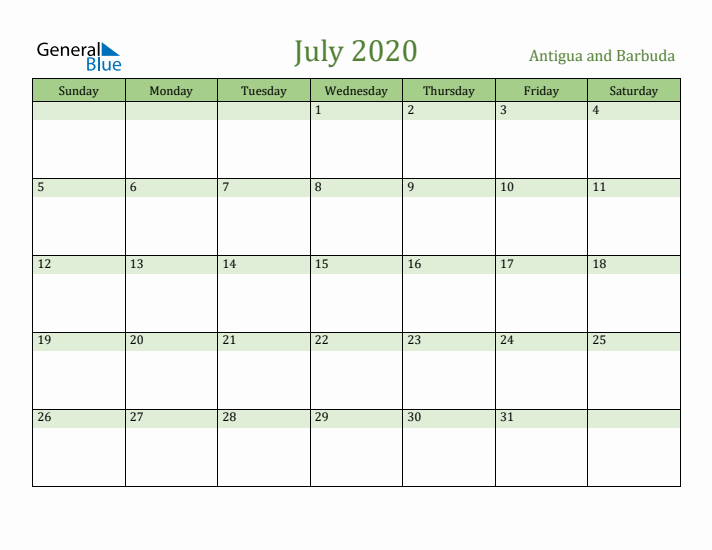 July 2020 Calendar with Antigua and Barbuda Holidays