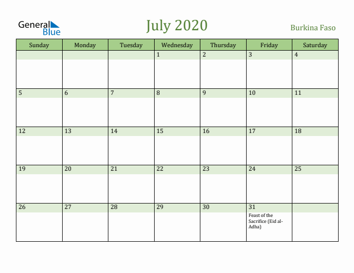 July 2020 Calendar with Burkina Faso Holidays