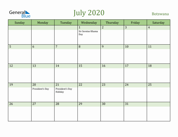 July 2020 Calendar with Botswana Holidays