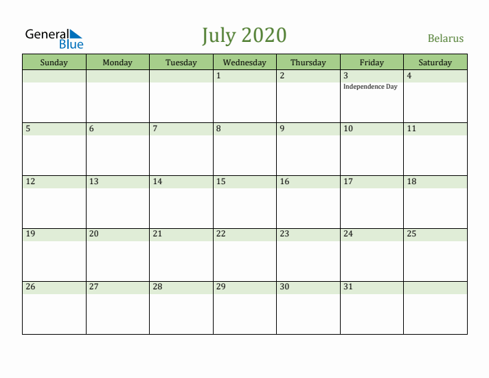 July 2020 Calendar with Belarus Holidays