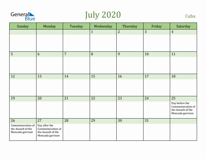 July 2020 Calendar with Cuba Holidays