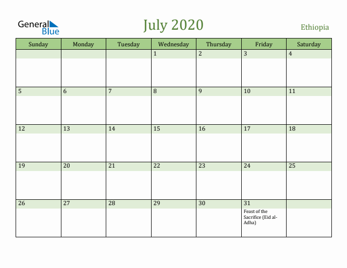 July 2020 Calendar with Ethiopia Holidays