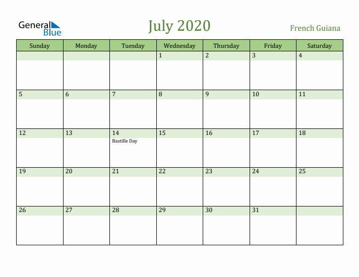 July 2020 Calendar with French Guiana Holidays