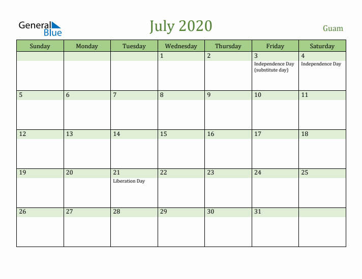 July 2020 Calendar with Guam Holidays