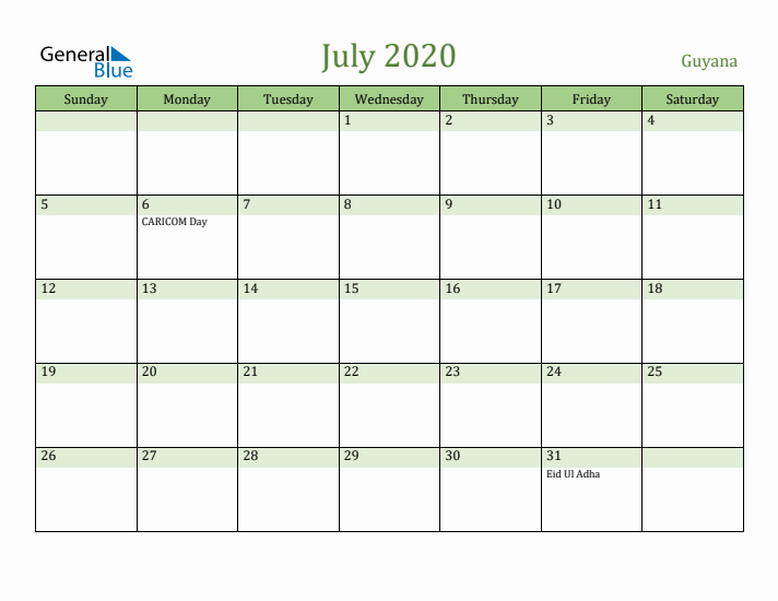 July 2020 Calendar with Guyana Holidays