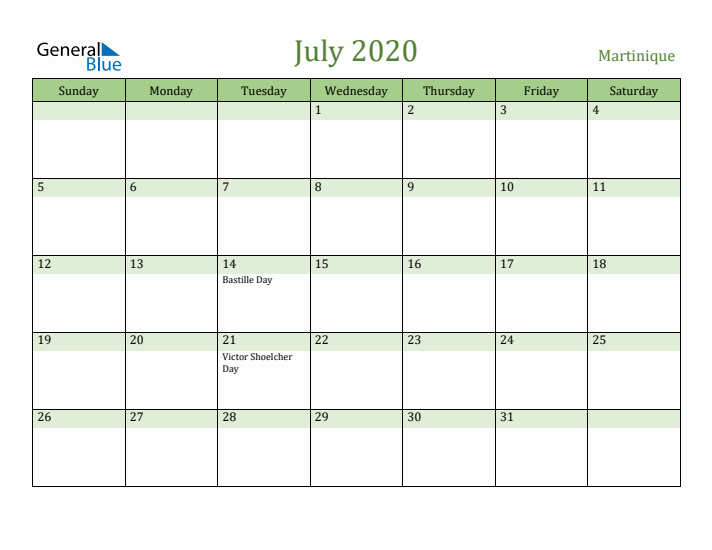 July 2020 Calendar with Martinique Holidays