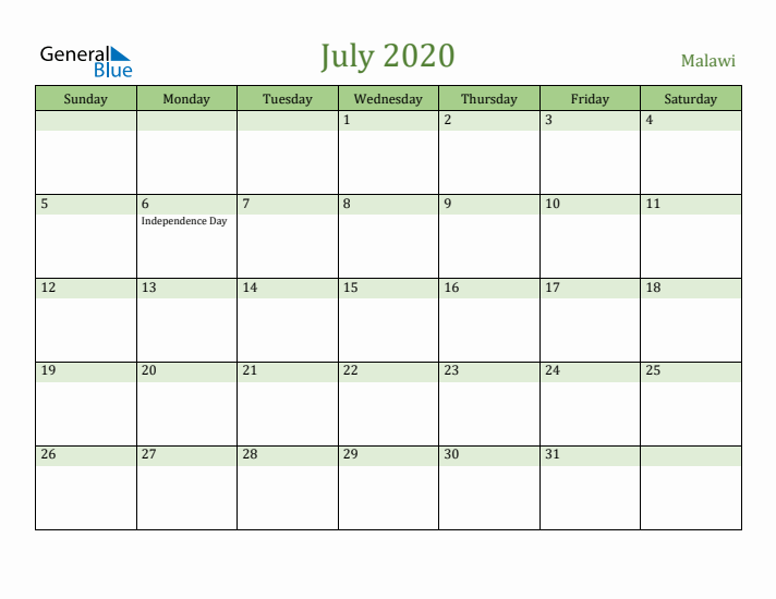 July 2020 Calendar with Malawi Holidays