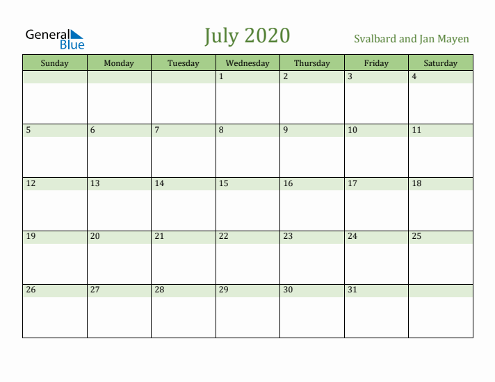 July 2020 Calendar with Svalbard and Jan Mayen Holidays