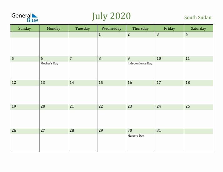 July 2020 Calendar with South Sudan Holidays