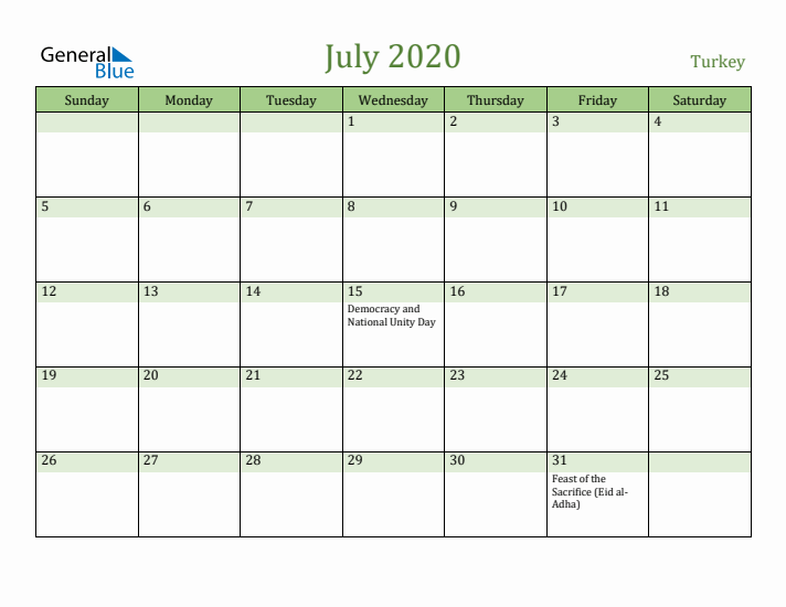 July 2020 Calendar with Turkey Holidays