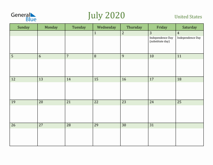 July 2020 Calendar with United States Holidays