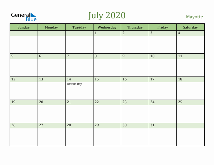 July 2020 Calendar with Mayotte Holidays