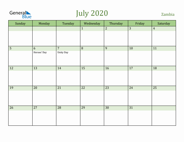 July 2020 Calendar with Zambia Holidays