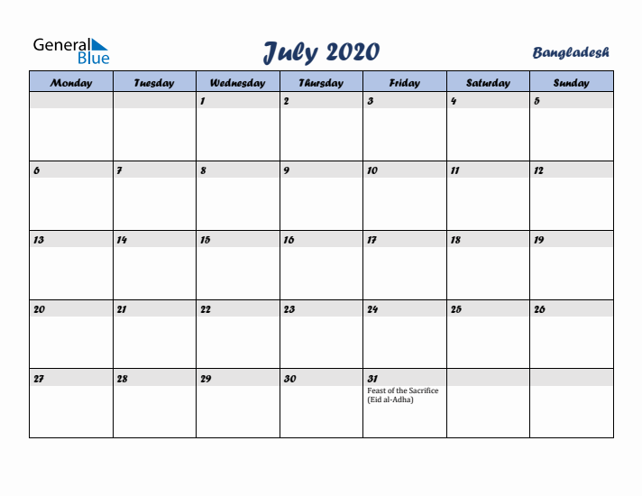 July 2020 Calendar with Holidays in Bangladesh