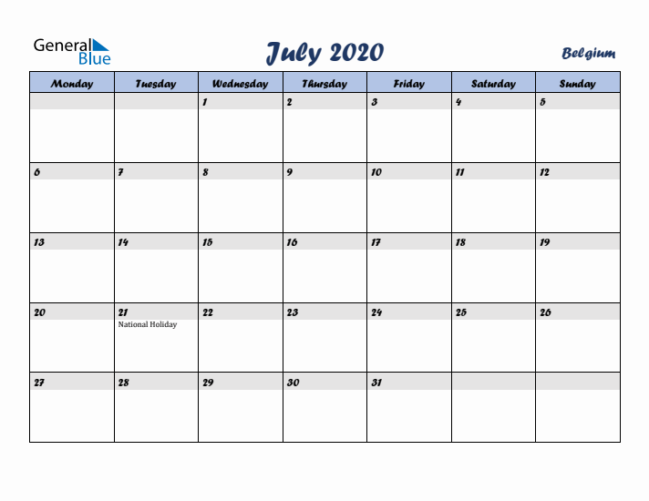 July 2020 Calendar with Holidays in Belgium