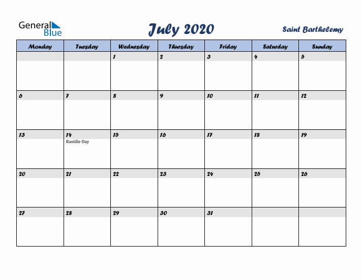 July 2020 Calendar with Holidays in Saint Barthelemy