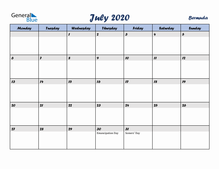 July 2020 Calendar with Holidays in Bermuda