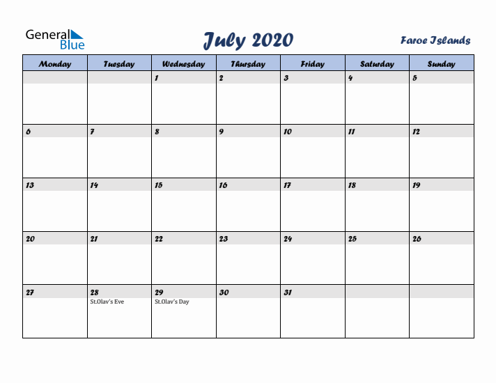 July 2020 Calendar with Holidays in Faroe Islands