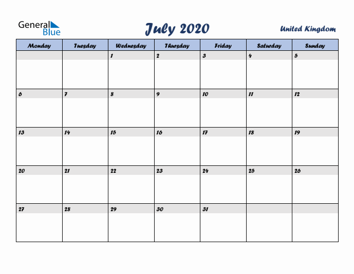 July 2020 Calendar with Holidays in United Kingdom