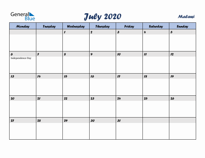 July 2020 Calendar with Holidays in Malawi