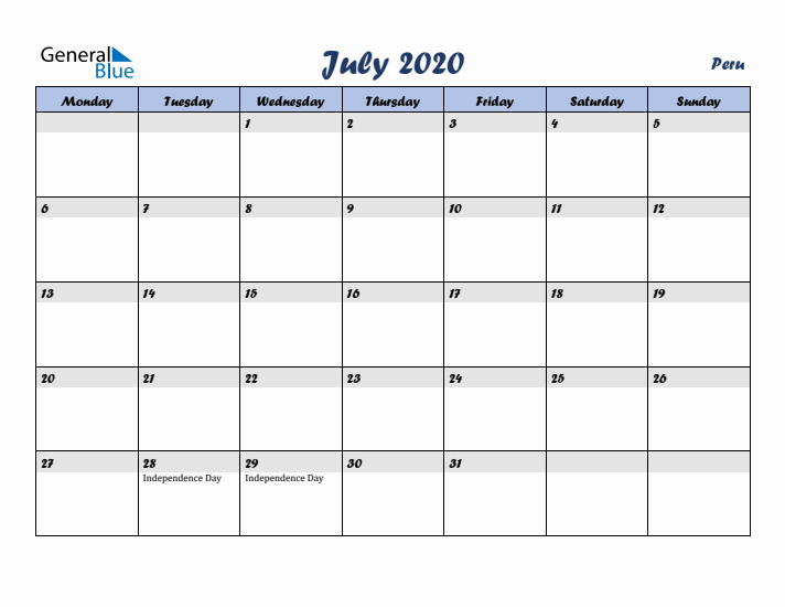 July 2020 Calendar with Holidays in Peru