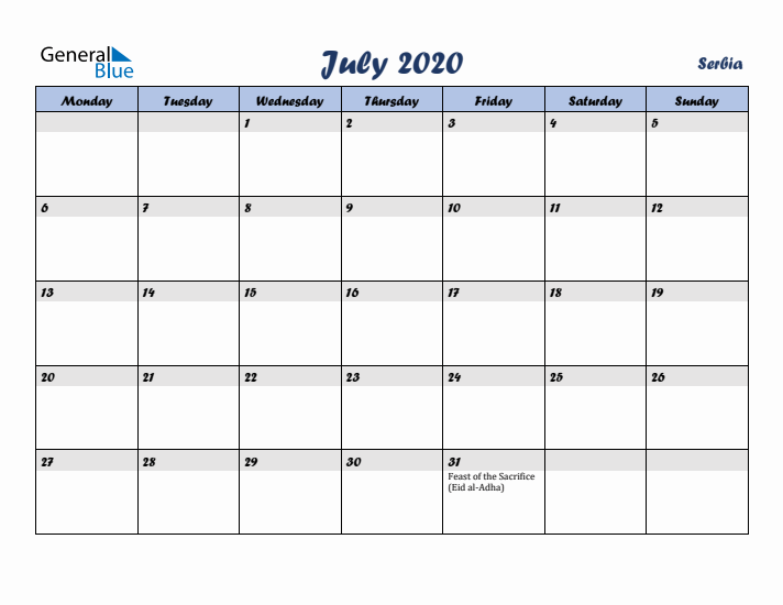 July 2020 Calendar with Holidays in Serbia