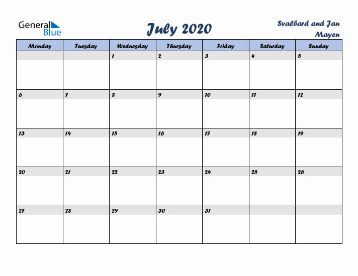 July 2020 Calendar with Holidays in Svalbard and Jan Mayen