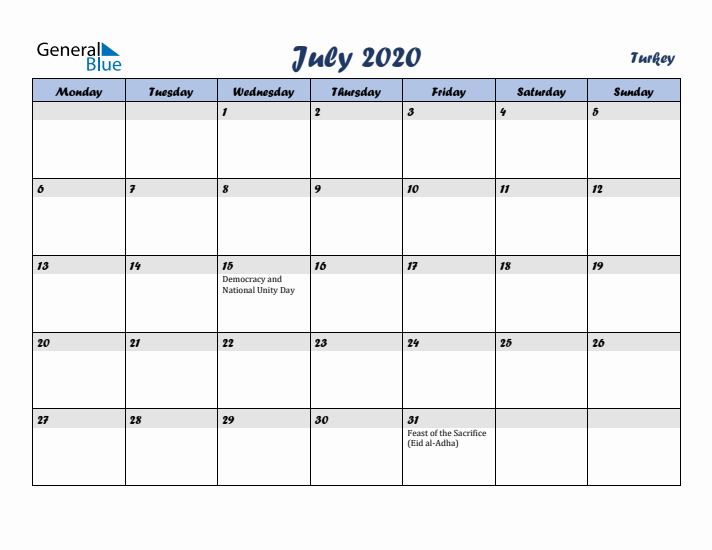 July 2020 Calendar with Holidays in Turkey