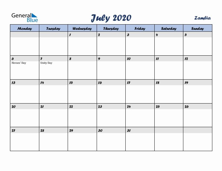 July 2020 Calendar with Holidays in Zambia